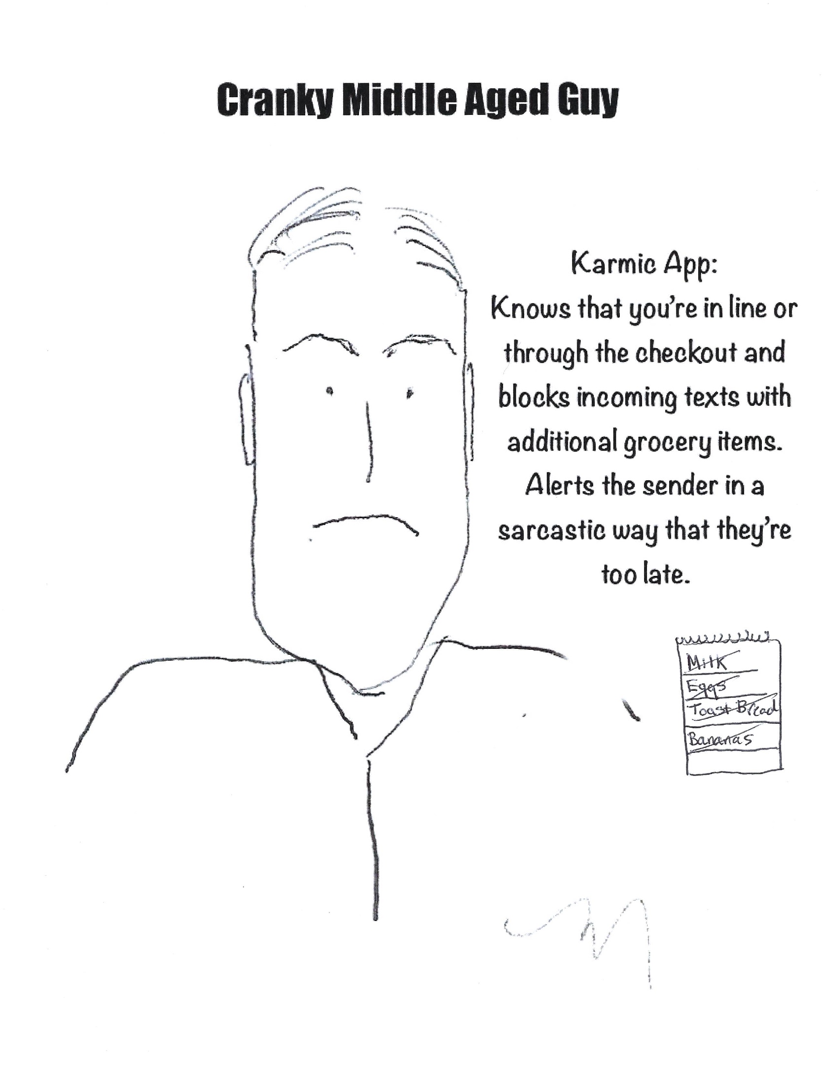 Cranky man in comic form speaking about how he wishes there was an app to block last minute texts