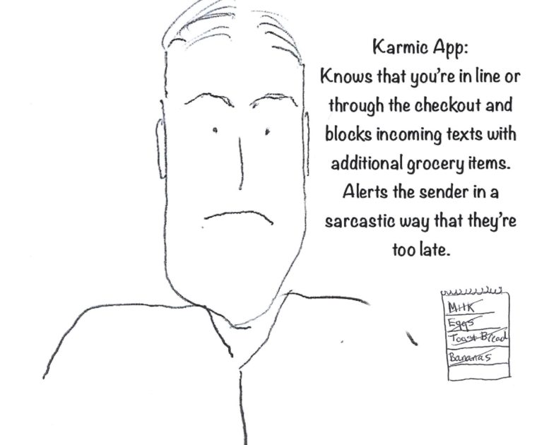 Cranky comic of a man speaking about buying groceries at a grocery store