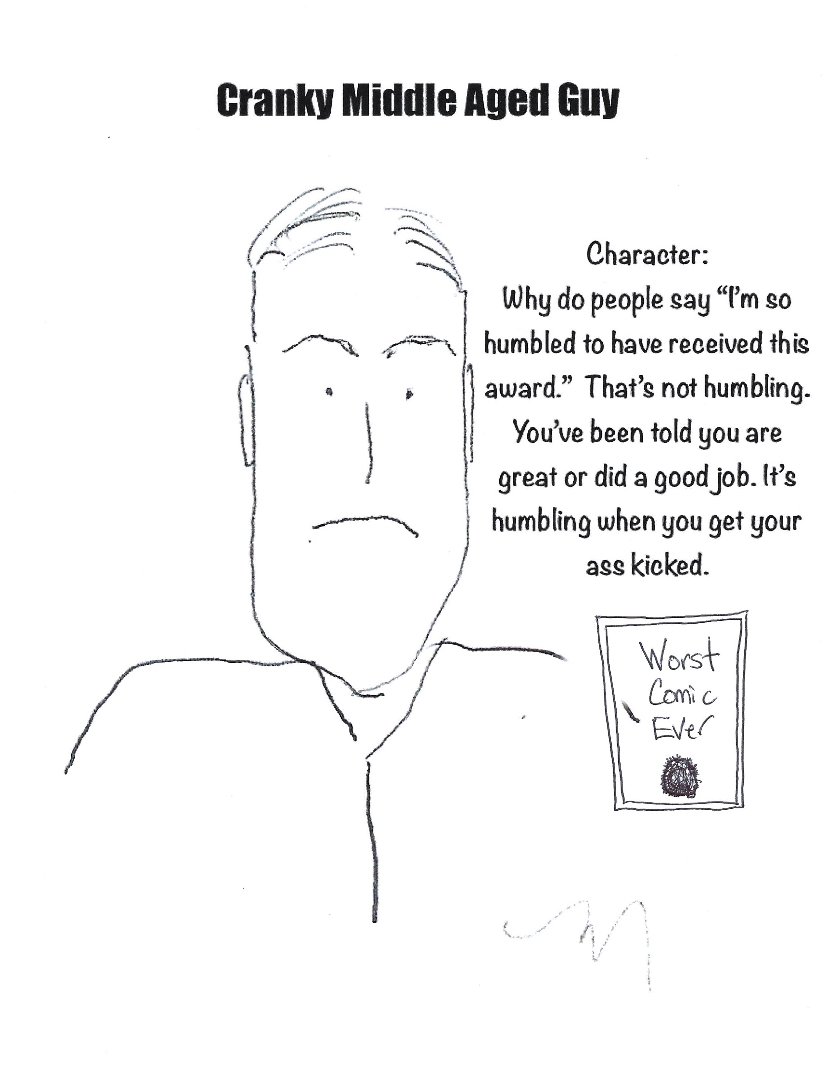 Cranky comic of a man talking about humility when winning an award