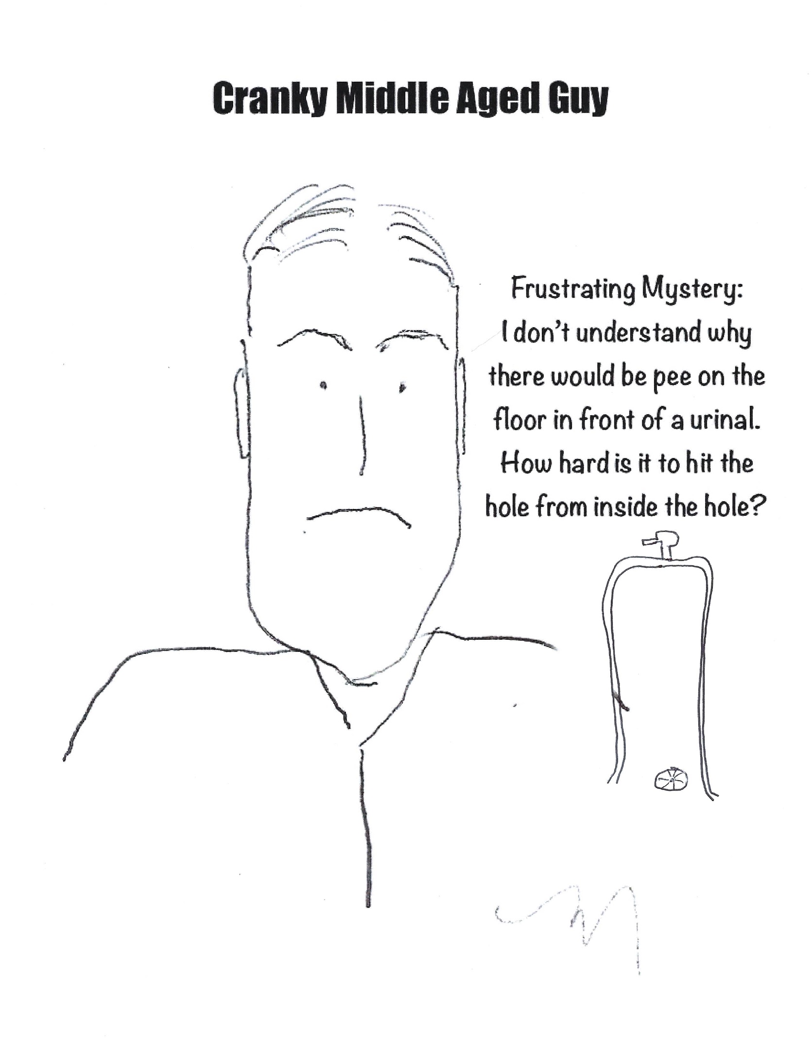 Cranky comic man talking about missing when peeing in a urinal