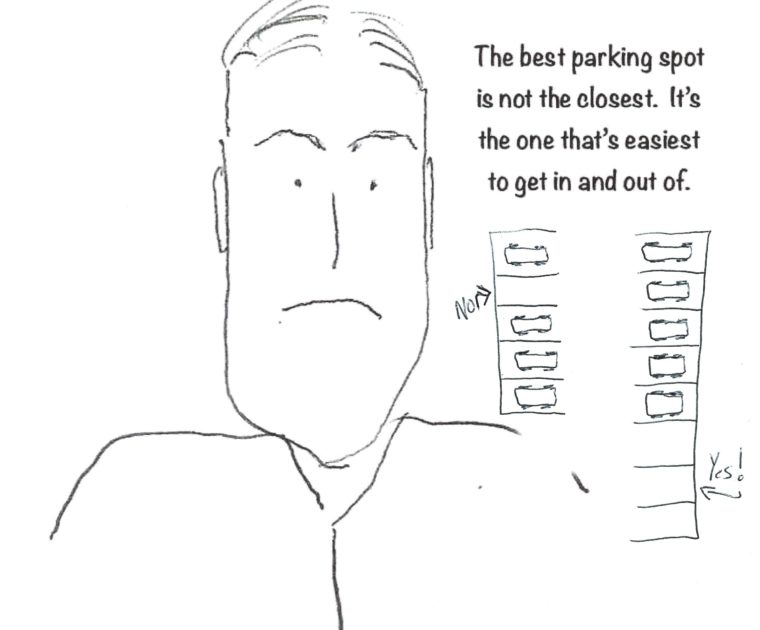 Cranky comic speaking about the easiest parking spots in parking lots