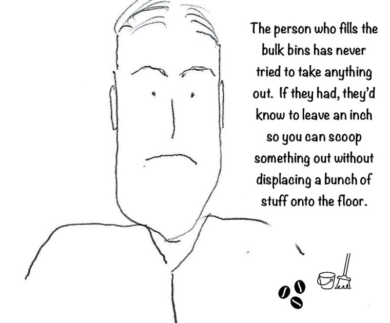 Man talking about making a mess at the grocery store due to overfilled bulk bins