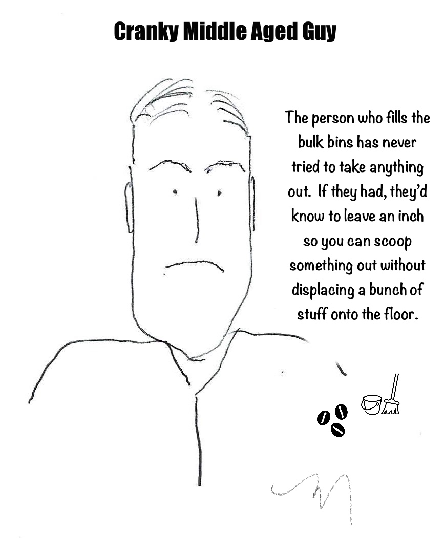 Man talking about making a mess at the grocery store due to overfilled bulk bins