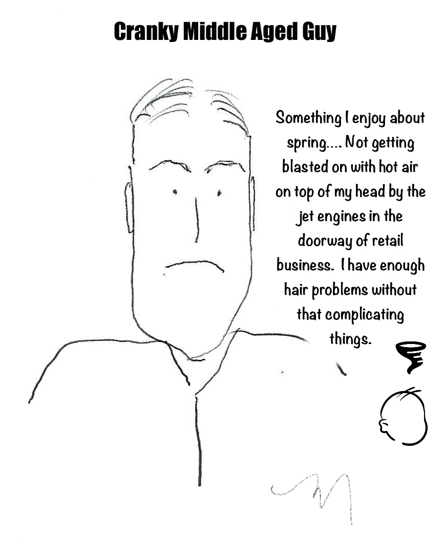 Cranky man happy that spring has arrived so that he doesn't have to worry about the heat from doors when walking inside