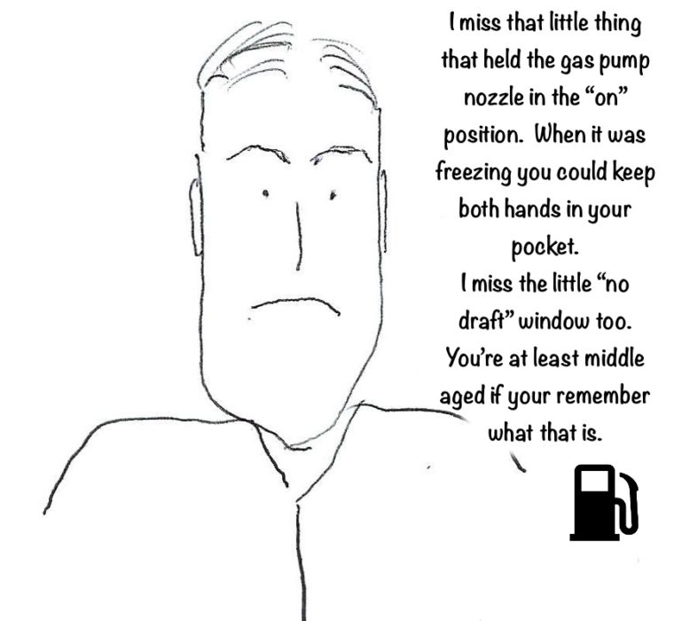 Man thinking about how you used to be able to pump gas hands free by using a nozzle